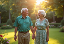 Couple âgé renouvelant leurs vœux de mariage dans un jardin ensoleille
