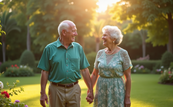 Comment renouveler ses vœux pour ses 40 ans de mariage : noces d’émeraude Couple âgé renouvelant leurs vœux de mariage dans un jardin ensoleille