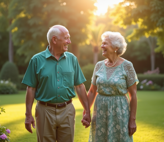 Couple âgé renouvelant leurs vœux de mariage dans un jardin ensoleille