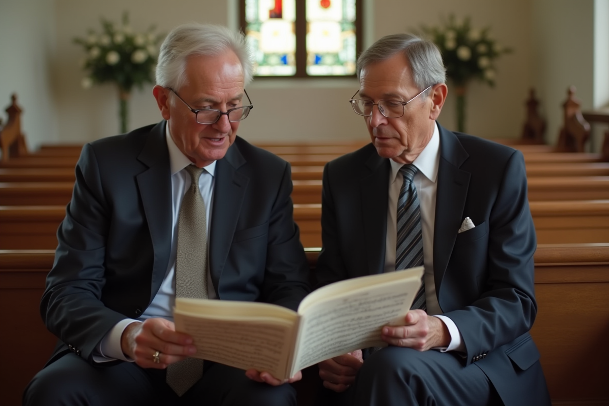 Couple de musiciens en train de revoir des partitions dans l’église