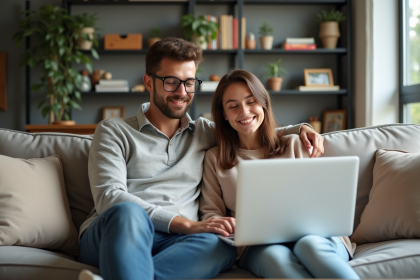 Jeune couple souriant sur un sofa moderne avec ordinateur