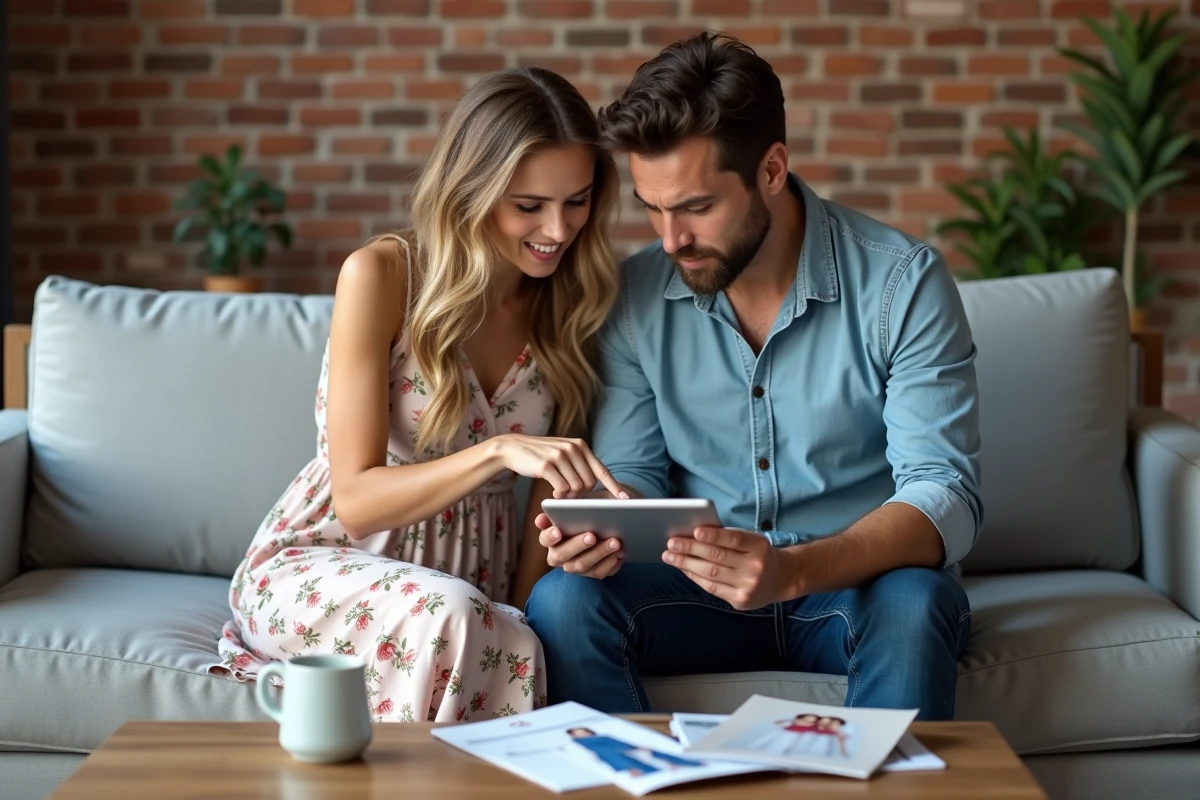 Couple examinant ensemble une collection de tenues de mariage civil sur une tablette, cherchant à éviter les mauvaises surprises lors de leurs achats en ligne