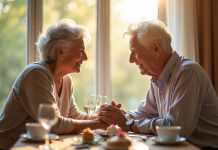Couple senior souriant lors d'un dîner ensoleillé
