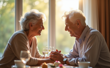 Couple senior souriant lors d'un dîner ensoleillé