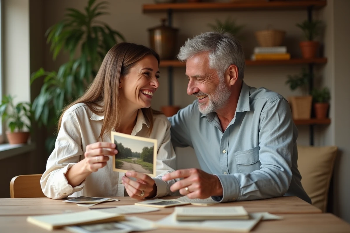 Couple dans la quarantaine revisitant des souvenirs de 17 ans de mariage autour d'une table avec photos et lettres anciennes