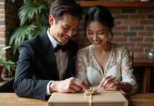 Personnaliser votre cadeau de mariage pour en faire un souvenir impérissable Jeune couple découvrant un album photo gravé lors d’un mariage