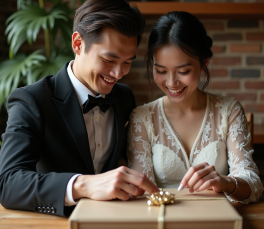 Personnaliser votre cadeau de mariage pour en faire un souvenir impérissable Jeune couple découvrant un album photo gravé lors d’un mariage