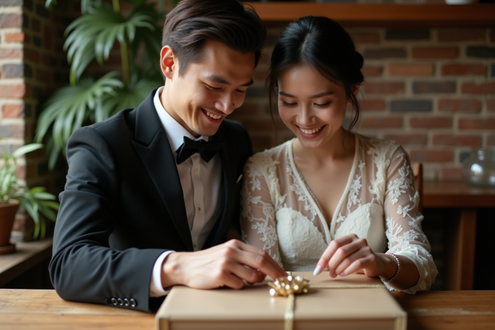 couple-unwrap-photo-album Jeune couple découvrant un album photo gravé lors d’un mariage