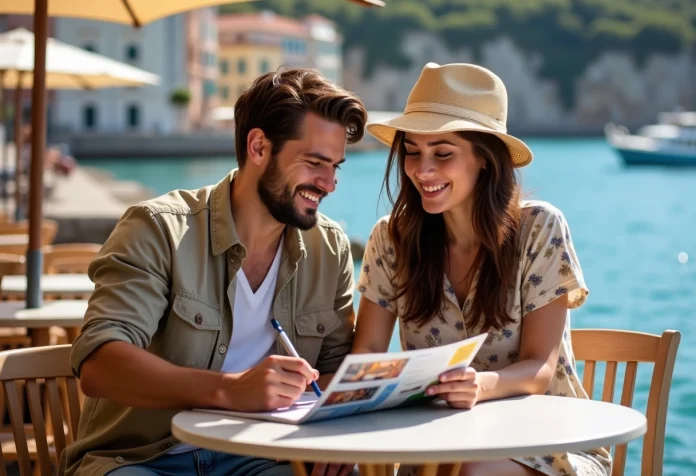 couple-vacances-cafe-mediterranean Jeune couple au café face à la mer en vacances