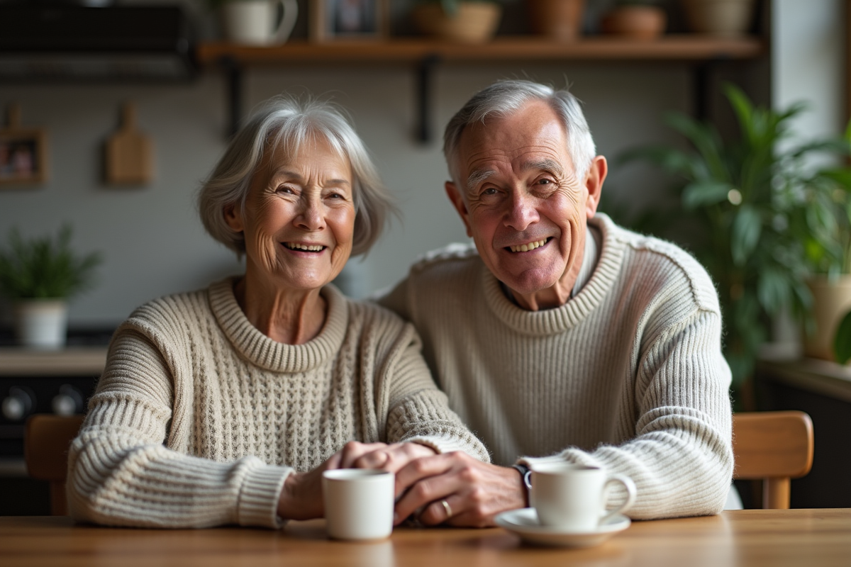 Couple âgé souriant avec bague de mariage à la maison