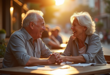 Couple âgé riant main dans la main en extérieur