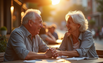 29 ans de mariage : entre passion et engagement Couple âgé riant main dans la main en extérieur