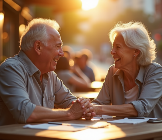 29 ans de mariage : entre passion et engagement Couple âgé riant main dans la main en extérieur