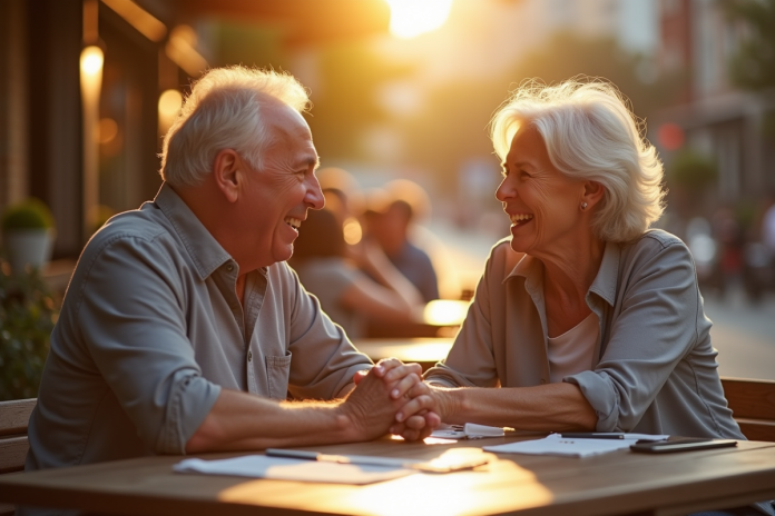 Couple âgé riant main dans la main en extérieur