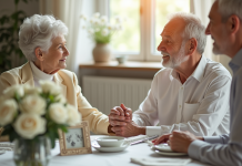 Couple d'anciens mains souriantes autour d'une table