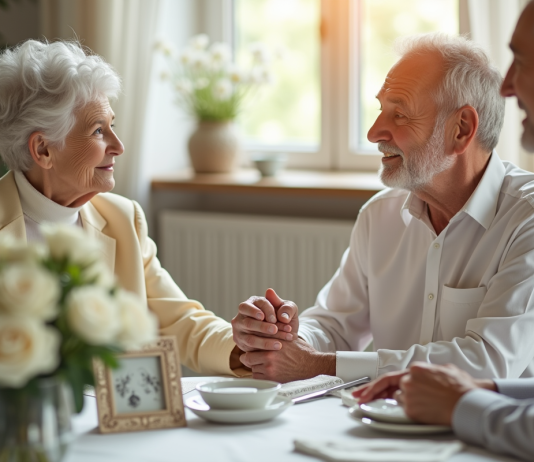 Couple d'anciens mains souriantes autour d'une table