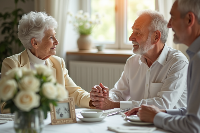 Couple d'anciens mains souriantes autour d'une table