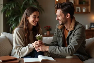 Couple souriant échangeant des vœux dans un salon chaleureux