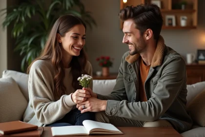 Couple souriant échangeant des vœux dans un salon chaleureux