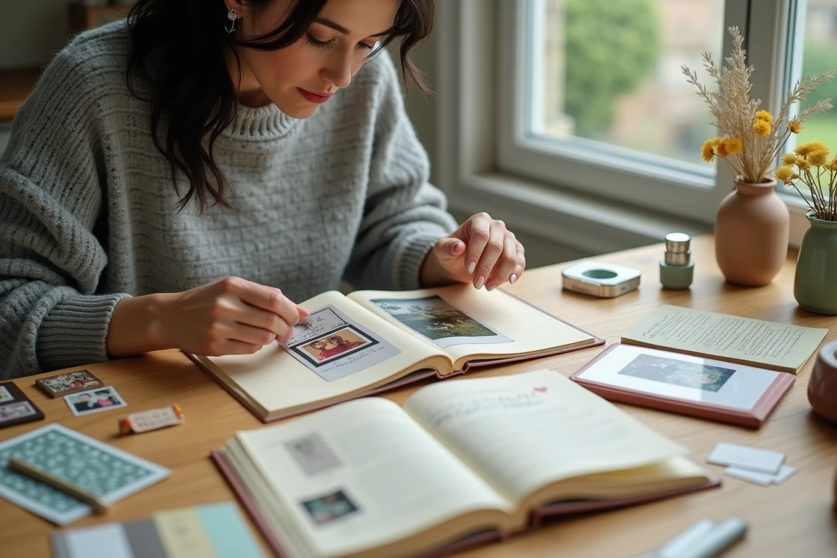 Femme créant un album souvenir artisanal personnalisé pour célébrer 17 ans de mariage avec photos et éléments décoratifs