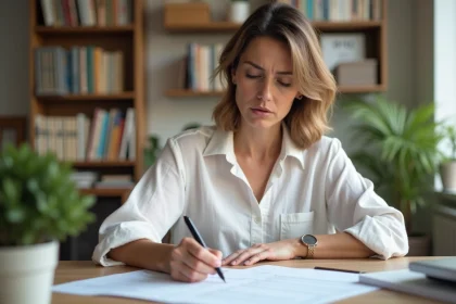 Femme examinant des documents administratifs de mariage sur un bureau en bois dans un bureau à domicile, illustrant les délais de transcription à Nantes