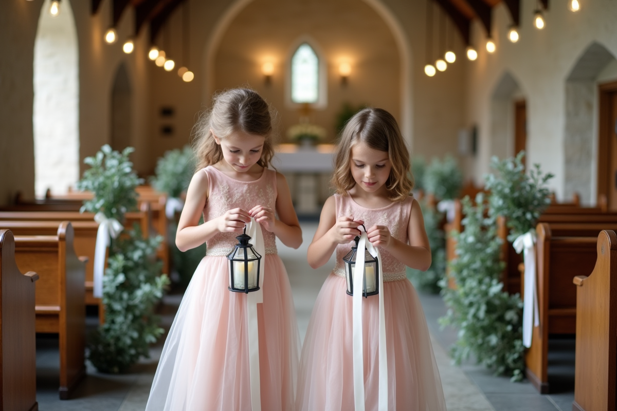 Jeunes demoiselles attachent des rubans dans une chapelle ancienne
