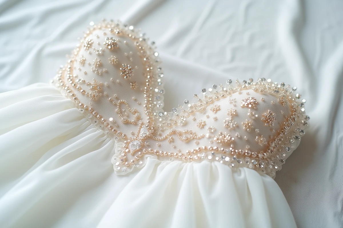 Détail en gros plan des broderies strass et paillettes d'une robe de mariée princesse posée à plat, montrant la qualité des finitions