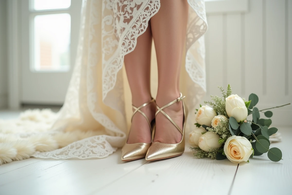 Gros plan sur des escarpins dorés à bouts pointus pour mariage posés près d'un bouquet de pivoines blanches et d'une robe de mariée grande taille en dentelle