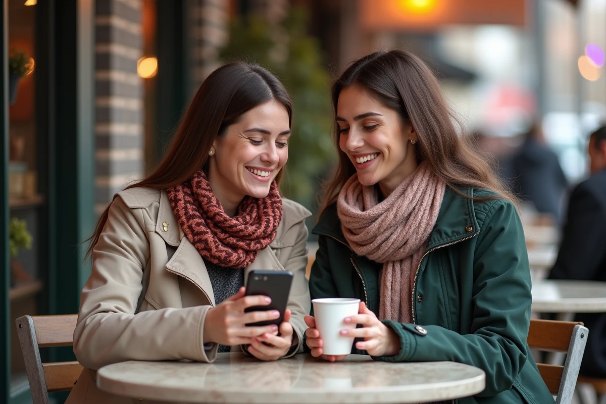 Deux femmes discutant autour d un café en ville