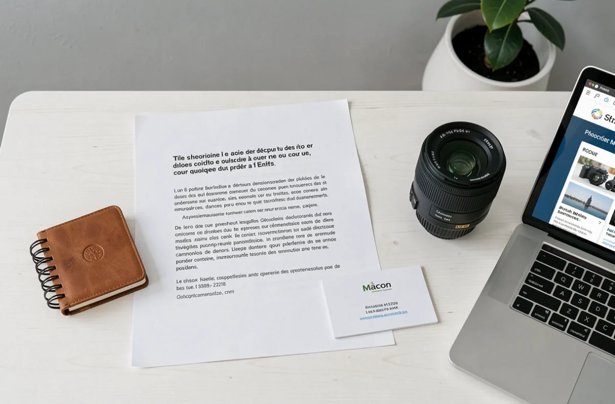 Devis et tarifs d'un photographe professionnel à Mâcon présentés sur un bureau avec portfolio