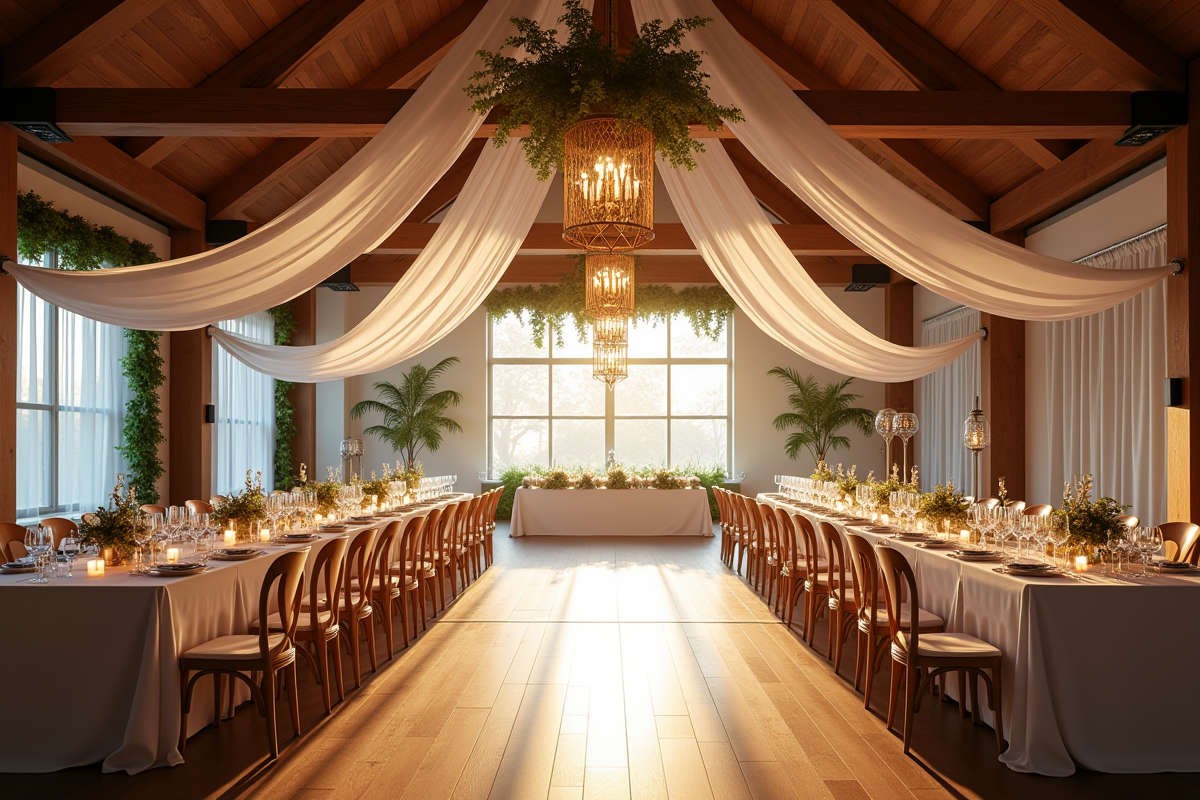 Dîner de mariage moderne avec haut plafonds et décoration florale