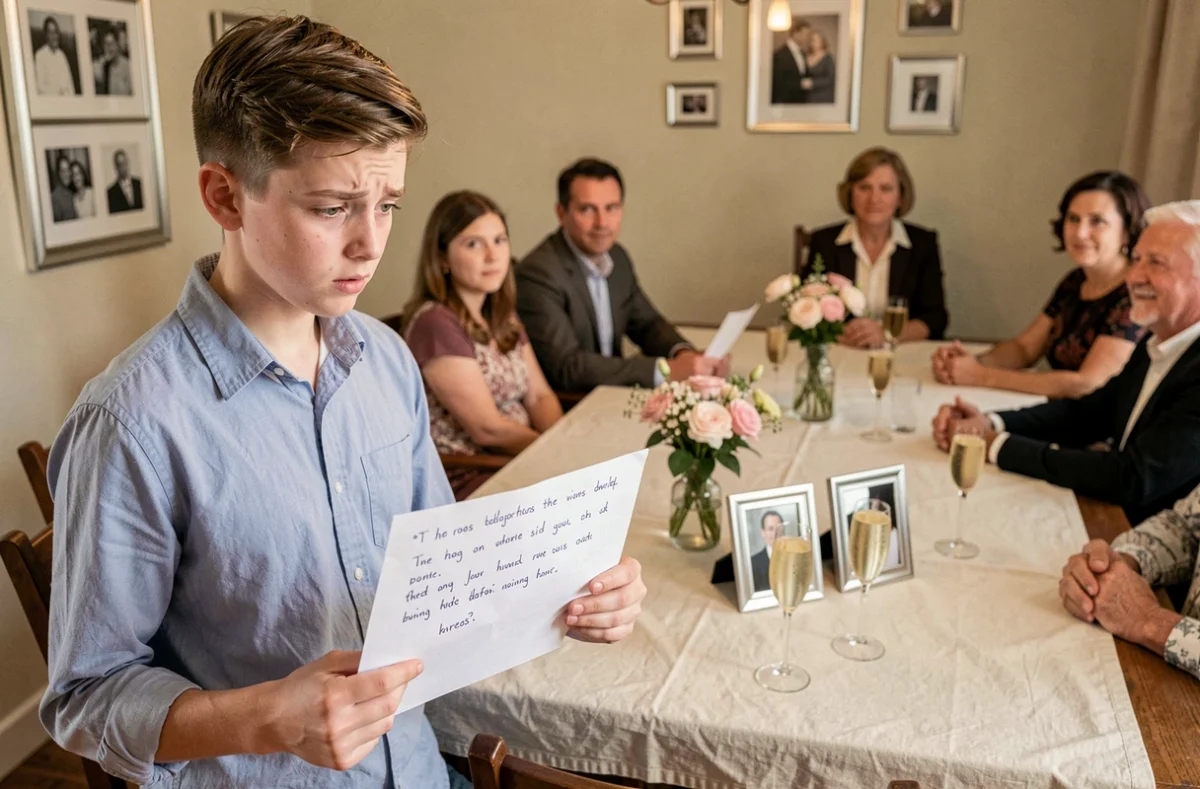 Adolescent prononçant un discours émouvant lors du repas d'anniversaire de mariage de ses parents entouré de la famille