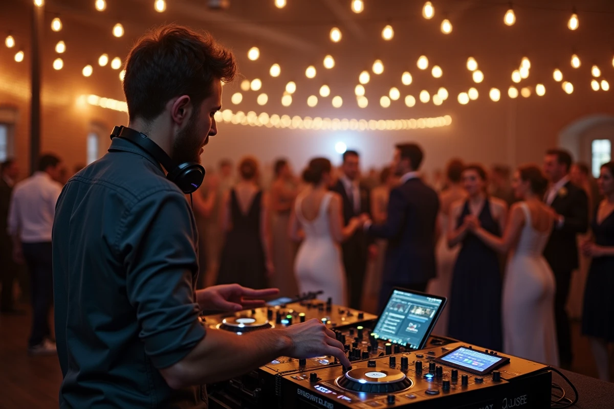 DJ de mariage derrière sa console dans une salle de réception au style industriel avec une piste de danse animée