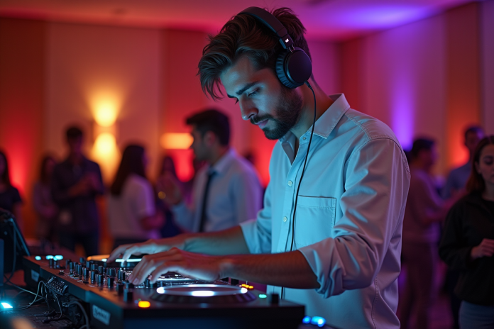 dj-mixage-animate-elegant Jeune DJ en action lors d’un événement élégant