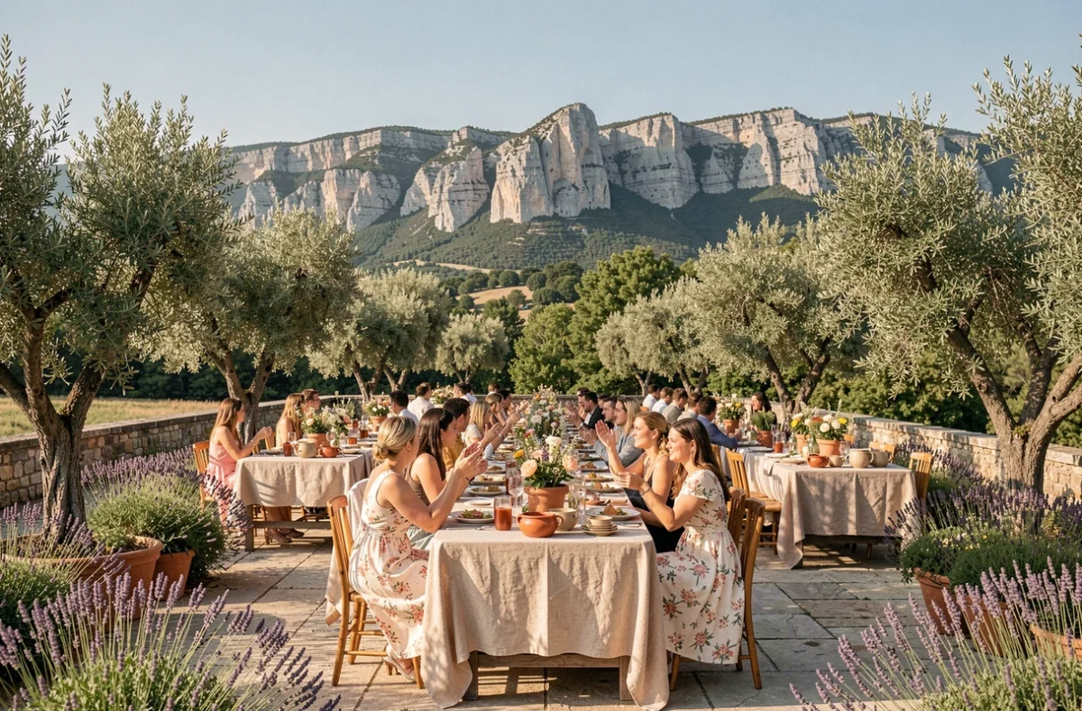 Réception de mariage en plein air au Domaine de la Chartrognière avec tables décorées au pied des falaises calcaires du Vercors
