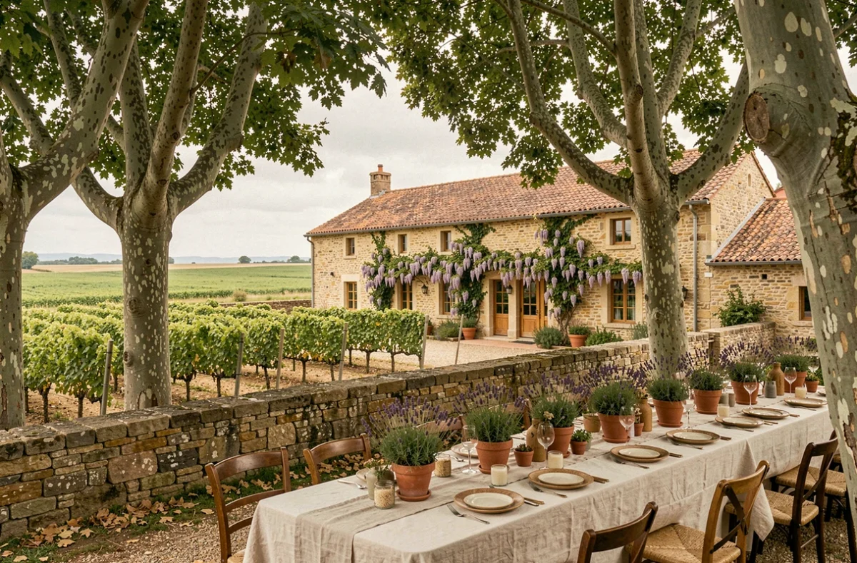 Domaine du Funquerel avec ses vignes et sa cour en pierre décorée de tables champêtres pour un mariage