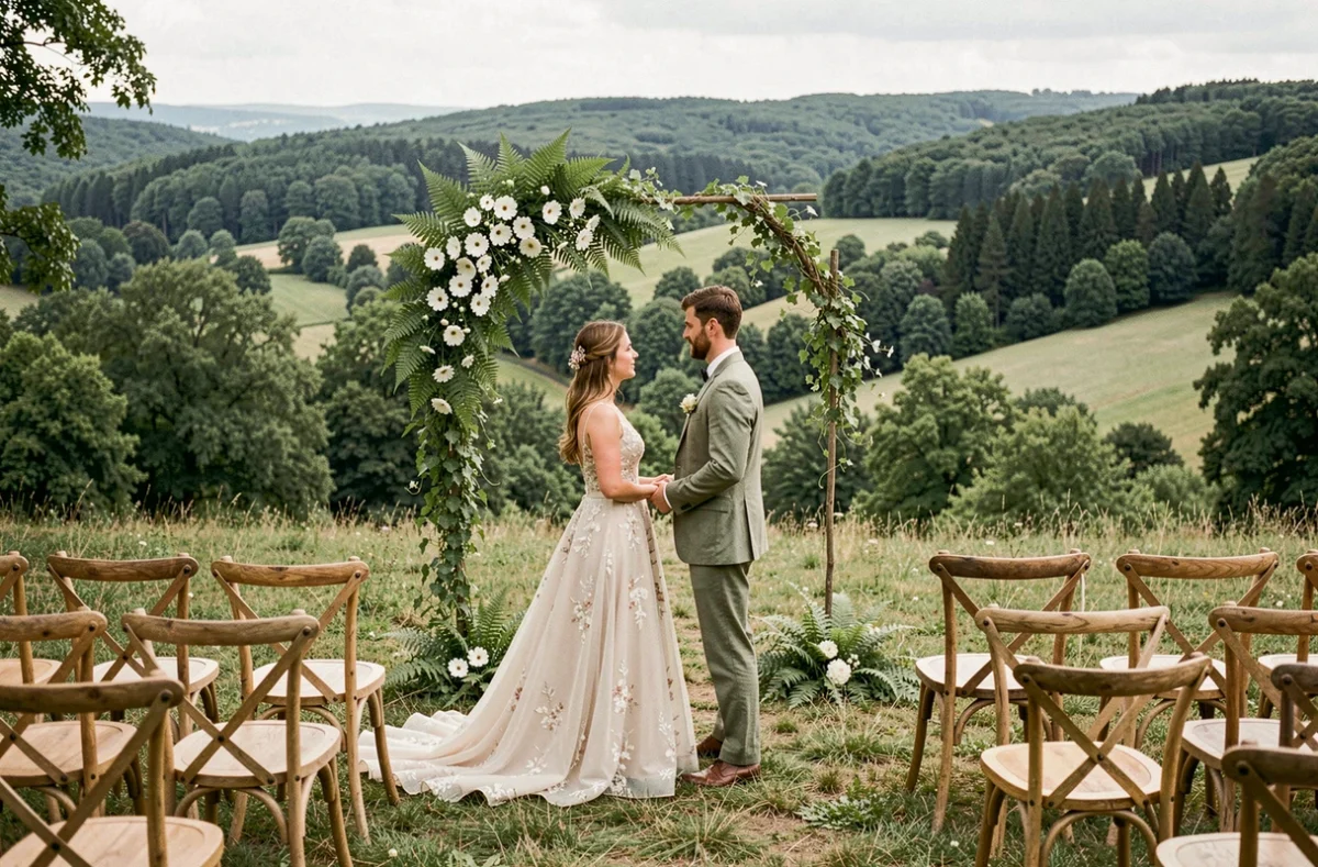 Domaine de Valinches dans la Loire avec cérémonie de mariage en plein air sous arche florale face à une vallée boisée et collines verdoyantes
