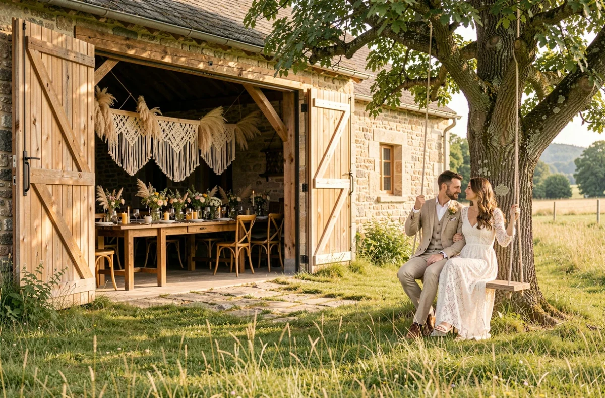 Domaine de Vavril en Isère avec mariage champêtre, couple sur balançoire sous chêne centenaire et grange en pierre décorée en bohème