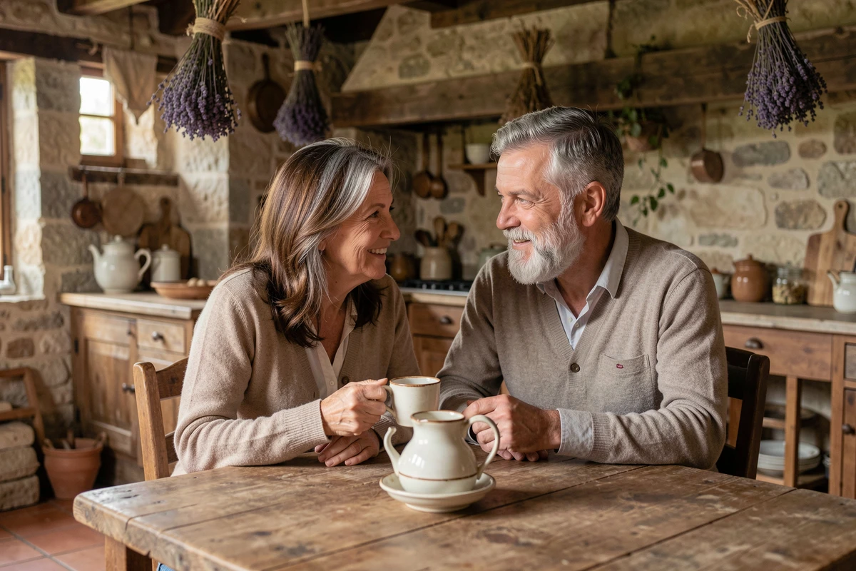 Couple de quinquagénaires partageant un café à une table en bois rustique dans une maison de campagne française, regard complice et tendre