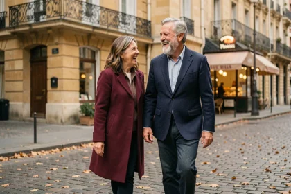 Couple mature et amoureux se promenant dans une rue pavée parisienne en automne, riant ensemble dans une atmosphère authentique et chaleureuse