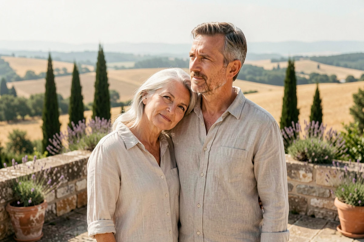 Couple amoureux de cinquante ans sur une terrasse en pierre en Provence, regard vers l'horizon, paysage de collines dorées et lavande en arrière-plan