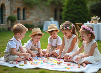 Occuper les enfants lors d’un mariage : idées et astuces pour une journée réussie Groupe d'enfants en plein atelier créatif dans un jardin