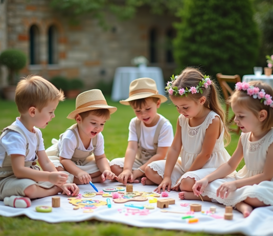 Occuper les enfants lors d’un mariage : idées et astuces pour une journée réussie Groupe d'enfants en plein atelier créatif dans un jardin