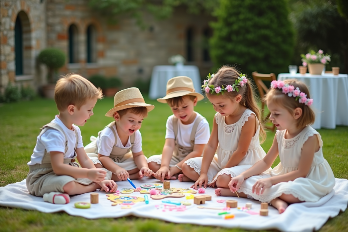 enfants-activite-creatif-jardin Groupe d'enfants en plein atelier créatif dans un jardin