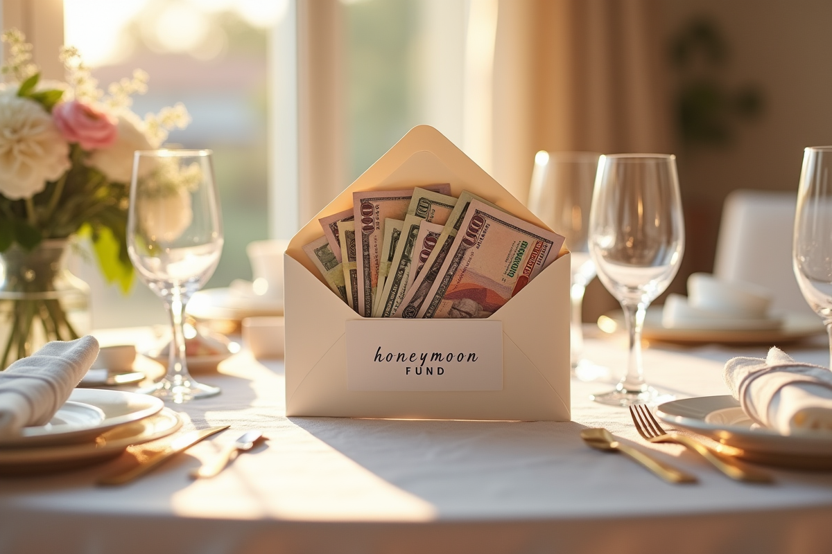 Enveloppe cadeau lune de miel avec argent sur table de mariage