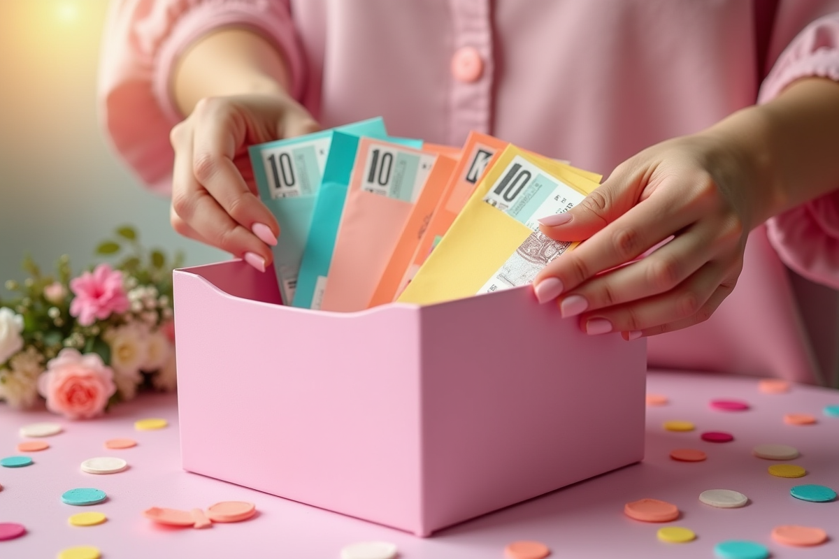Mains déposant des enveloppes colorées dans une boîte rose festive