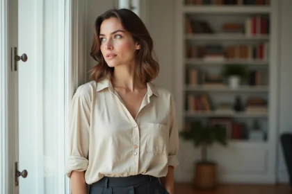 Femme anonyme dans un appartement parisien illustrant le respect de la vie privée des conjoints de personnalités publiques