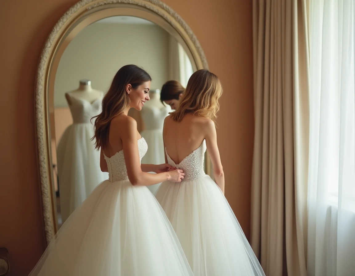 Essayage d'une robe de mariée en tulle dans une cabine avec une styliste devant un miroir
