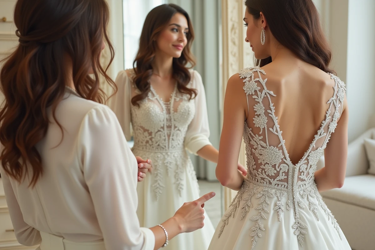 Conseillère en mariage montrant un défaut de paillettes sur une robe de mariée strass princesse lors d'un essayage