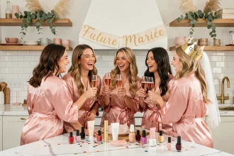 Groupe d'amies en peignoirs satin rose lors d'un EVJF à la maison autour d'un îlot de cuisine décoré